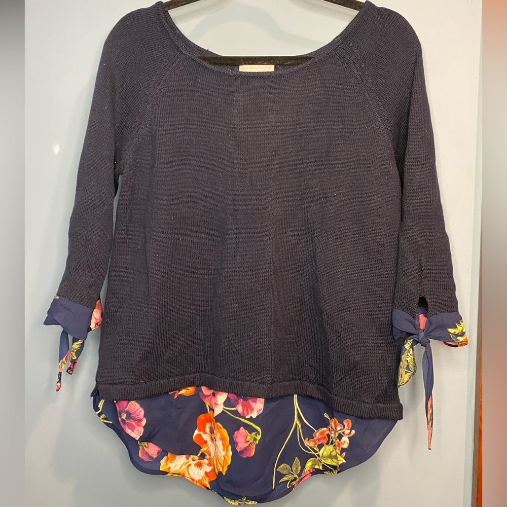 New York & Company Navy Sweater w/ Boatneck and Floral underlay size small